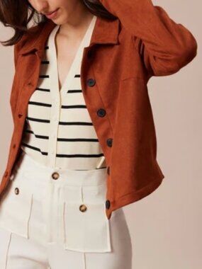 Rihoas Rust Cropped Button-Front Jacket — Suede-Like, Collared Shacket